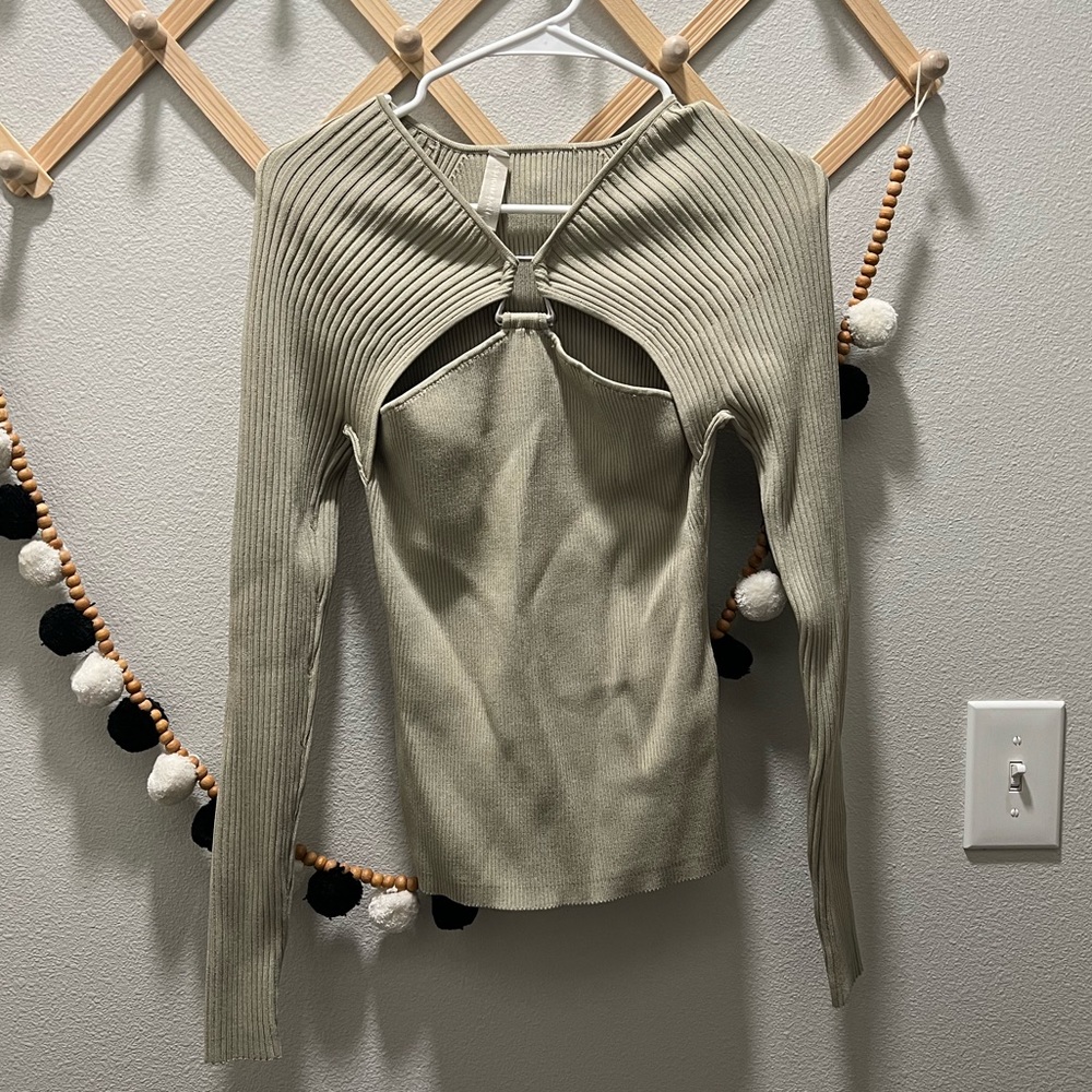 Jonathan Simkhai Olive Green Cutout Ribbed Long Sleeve Top